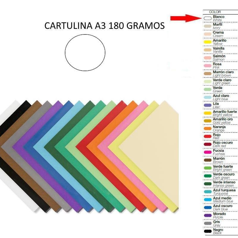 Paquete de 100 h. de cartulina de colores variados A3. Precio: 29.05 €