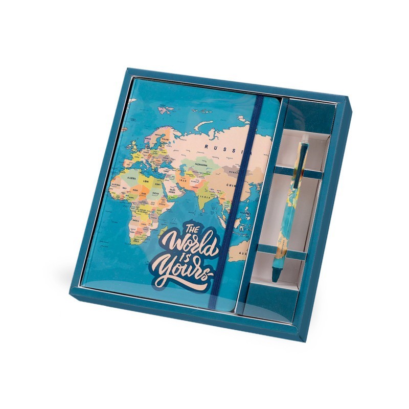 SET PAPELERIA MAPAS AZUL CUADERNO Y BOLIGRAFO